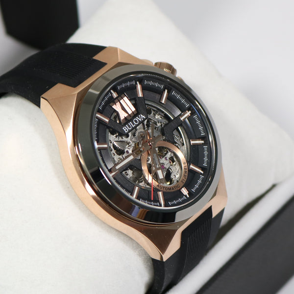 Bulova Maquina Rubber Men\'s Strap Gold Watch Chronobuy – Tone Automatic Rose 98A17