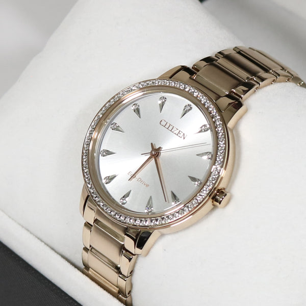 CITIZEN Women's Silhouette Crystal Watch FE7043-55A - Silver Teardrop Crystal Dial - Rose Gold-tone Stainless Steel Case - Round Swarovski Crystal Bezel - Rose Gold-tone Bracelet