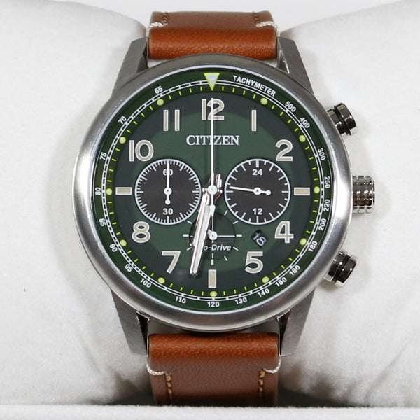– Leather Brown Citizen Men\'s Stainless Chronobuy Eco-Drive Green Dial Strap Steel