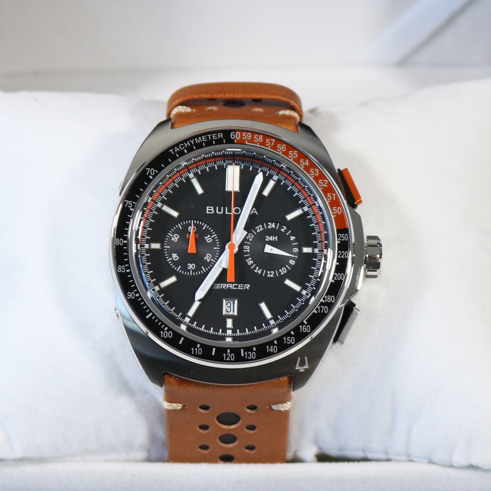 Bulova Quartz Racing Chronograph Black Dial Brown Leather Strap Men's Watch 98B427