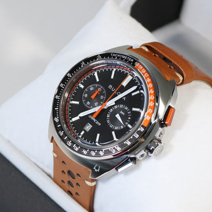 Bulova Quartz Racing Chronograph Black Dial Brown Leather Strap Men's Watch 98B427