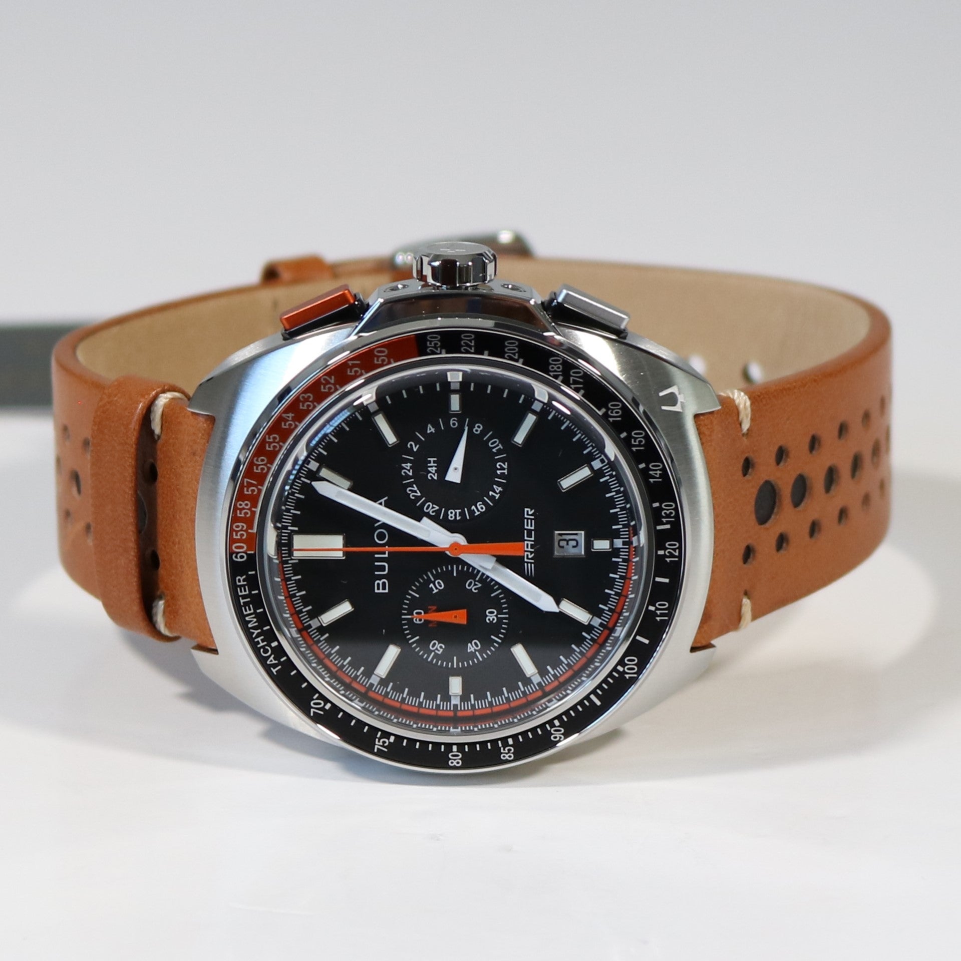 Bulova Quartz Racing Chronograph Black Dial Brown Leather Strap Men's Watch 98B427