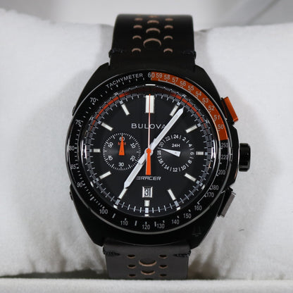 Bulova Quartz Racing Chronograph Black Dial Leather Strap Men's Watch 98B428