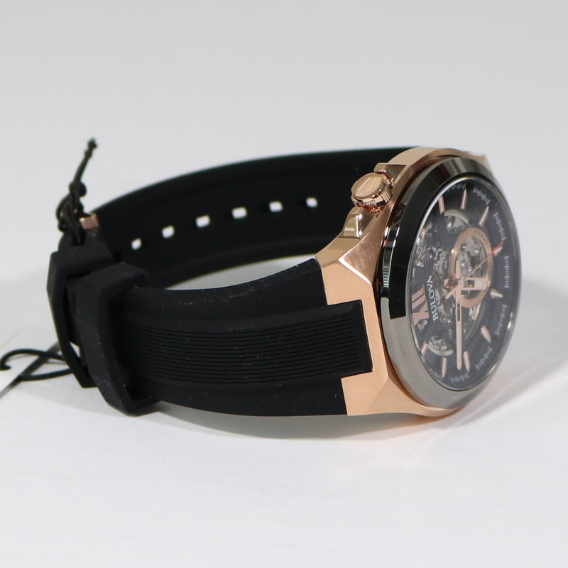 Bulova Maquina Rose Automatic Men\'s Rubber Chronobuy Watch – Strap 98A17 Gold Tone