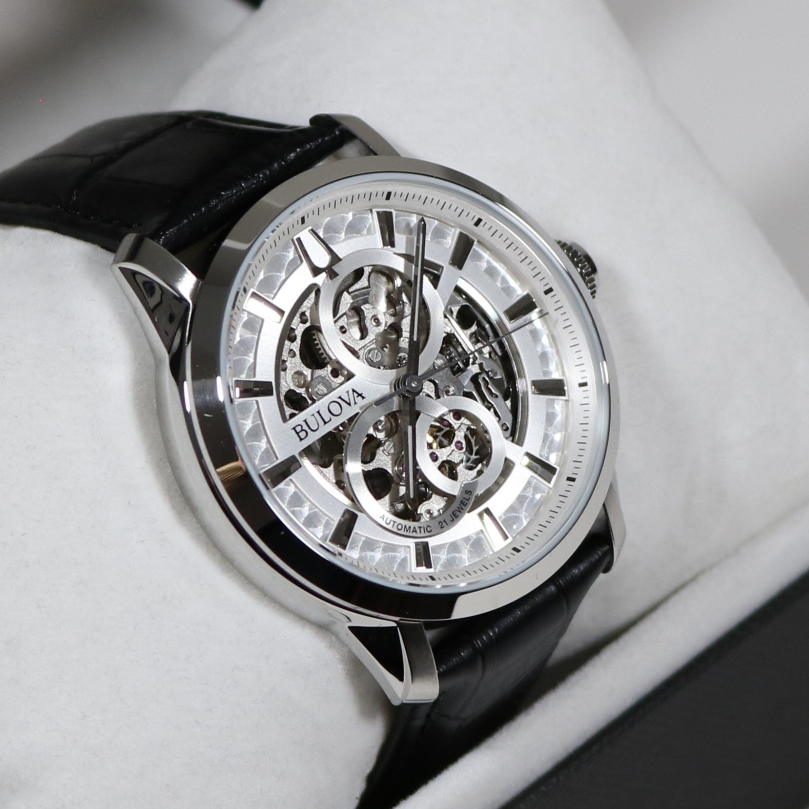 Bulova Sutton Skeleton Dial Automatic Black Leather Strap Watch 96A266