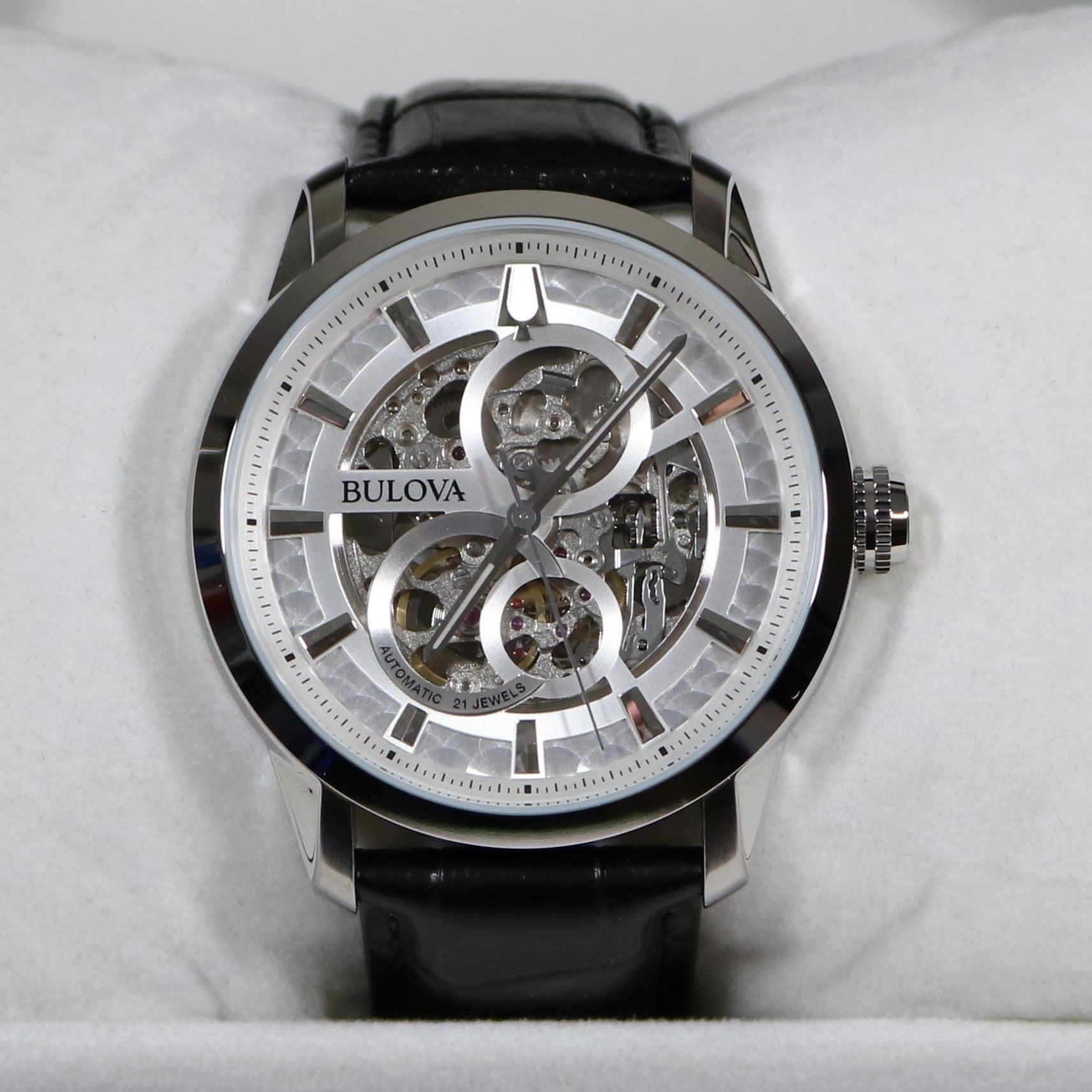 Bulova Sutton Skeleton Dial Automatic Black Leather Strap Watch 96A266