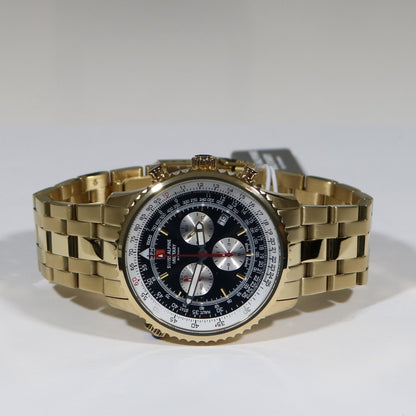 Swiss Alpine Military Gold Tone Stainless Steel Black Dial Chronograph Watch 7078.9117