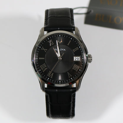 Bulova Wilton Black Dial Black Leather Strap Stainless Steel Watch 96B390