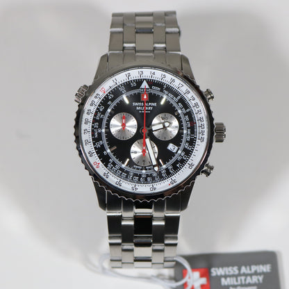 Swiss Alpine Military Stainless Steel Black Dial Chronograph Watch 7078.9137