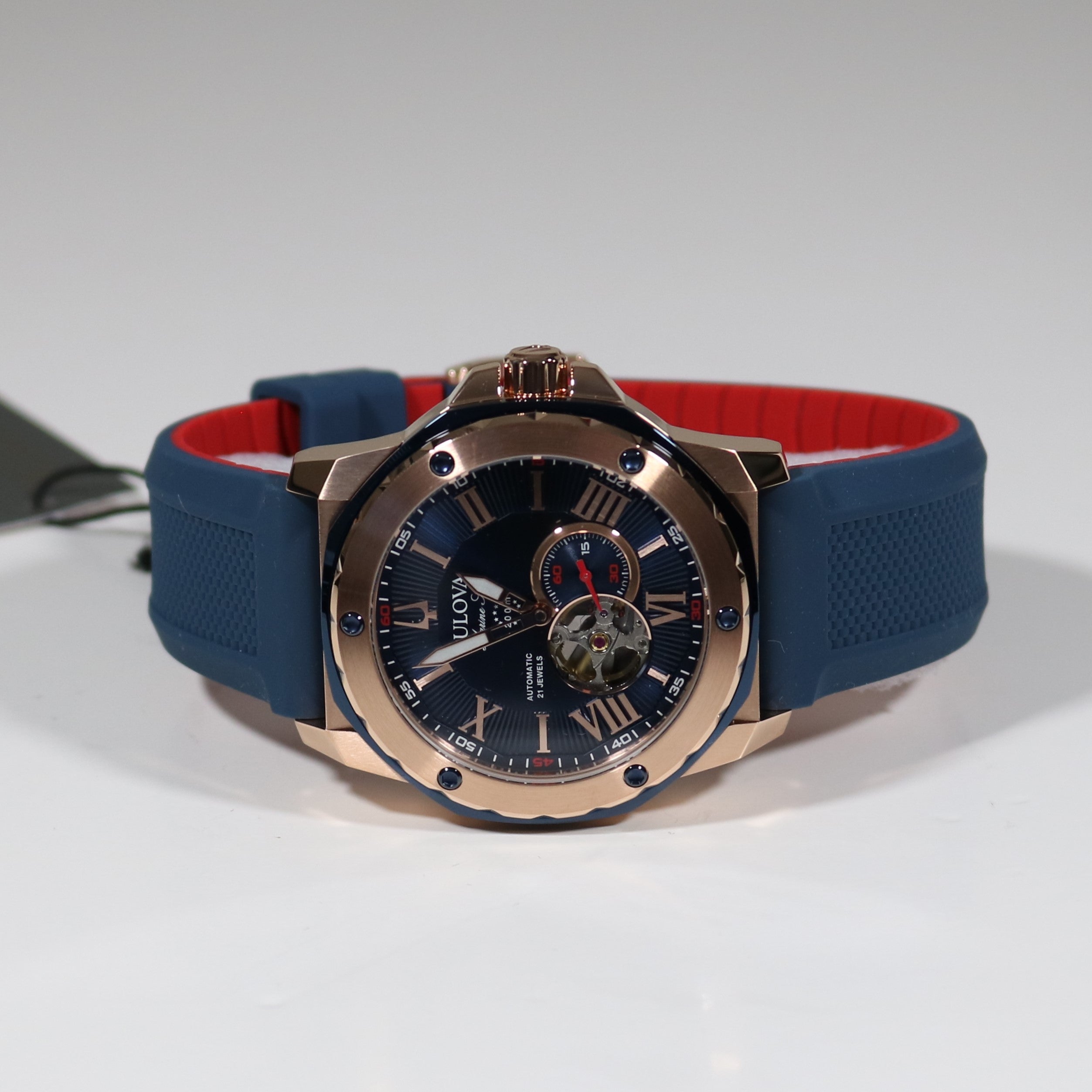 Bulova Marine Star Rose Gold Tone Blue Dial Rubber Strap Men's Watch 98A227