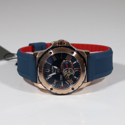 Bulova Marine Star Rose Gold Tone Blue Dial Rubber Strap Men's Watch 98A227