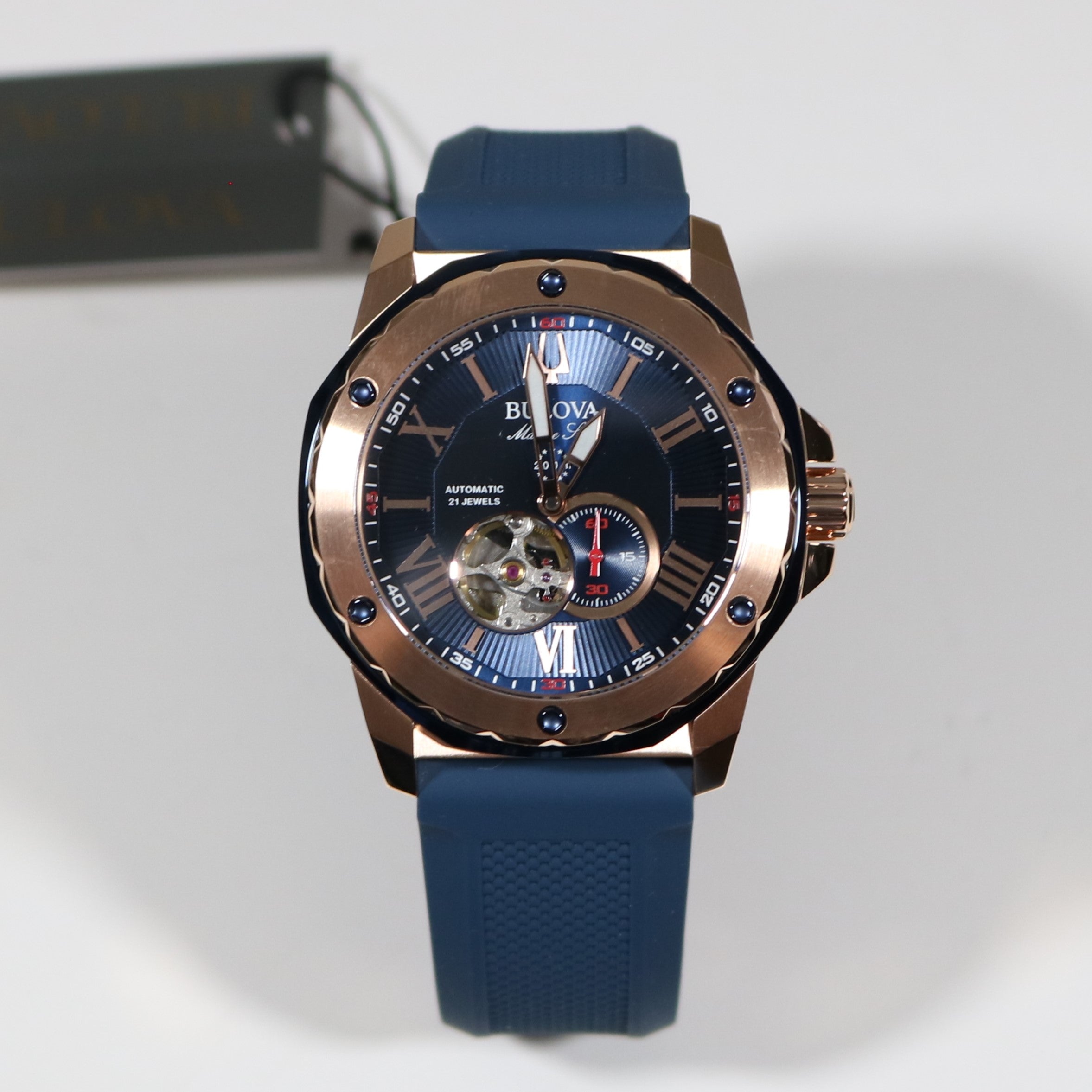 Bulova Marine Star Rose Gold Tone Blue Dial Rubber Strap Men's Watch 98A227