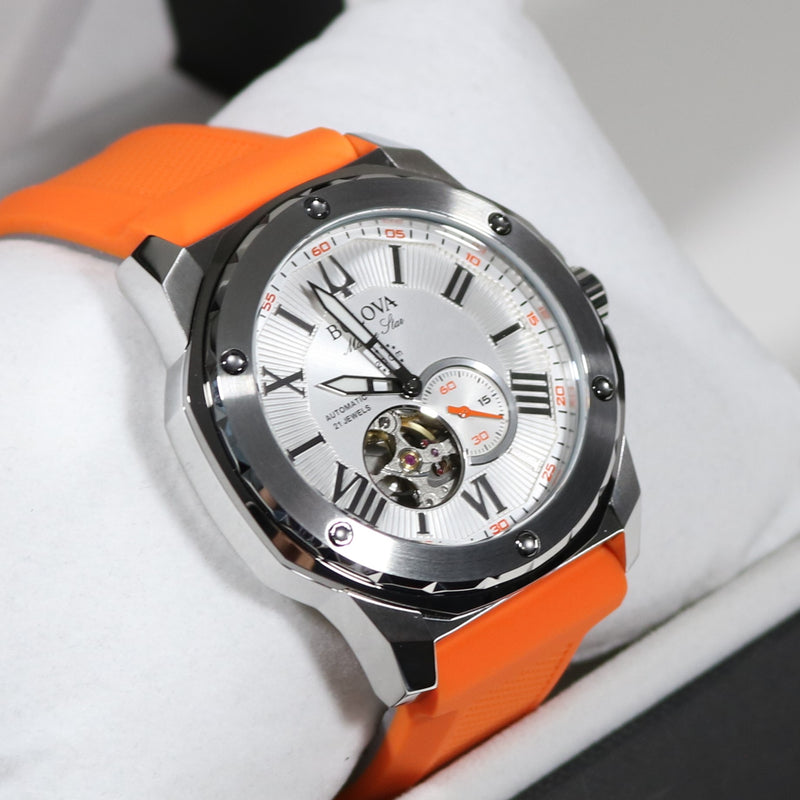 Bulova Marine Star Silver Dial Orange Rubber Strap Men s Watch 98A226 Chronobuy