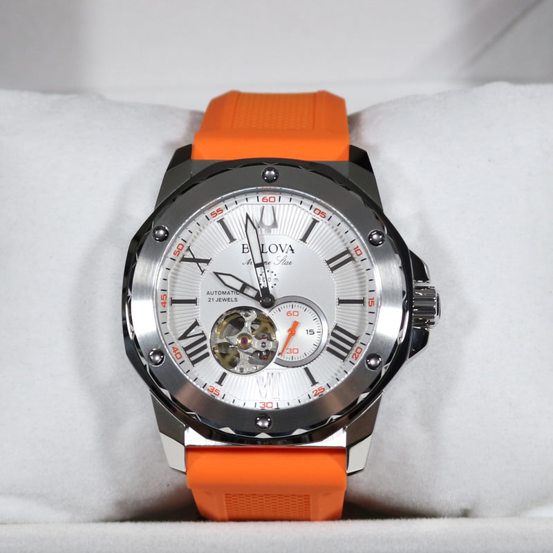 Bulova Marine Star Silver Dial Orange Rubber Strap Men s Watch 98A226 Chronobuy