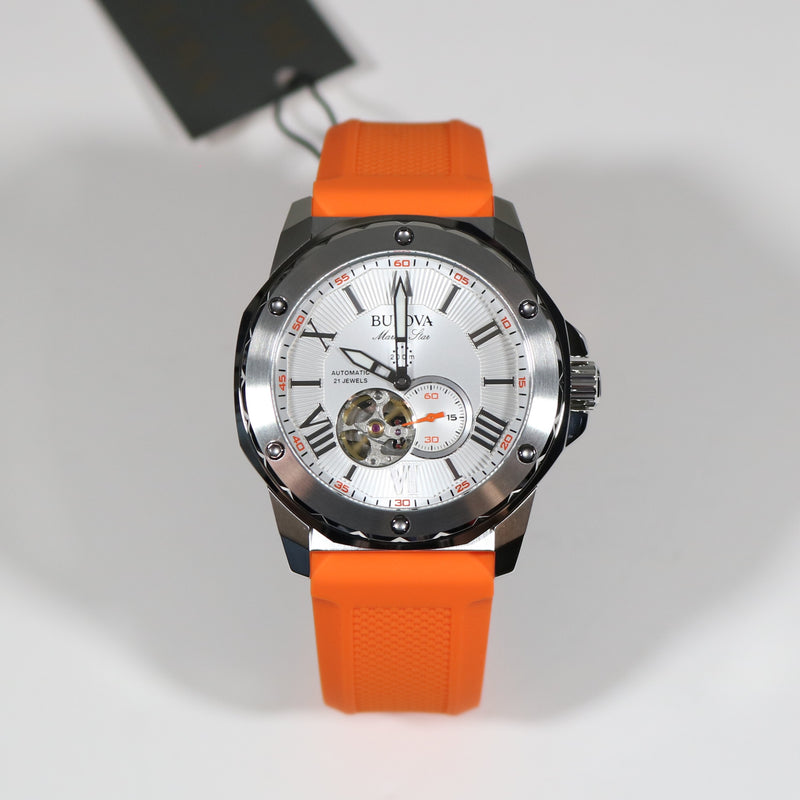 Bulova Marine Star Silver Dial Orange Rubber Strap Men's Watch 98A226