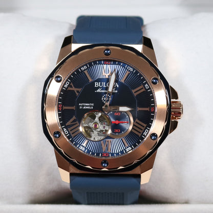 Bulova Marine Star Rose Gold Tone Blue Dial Rubber Strap Men's Watch 98A227