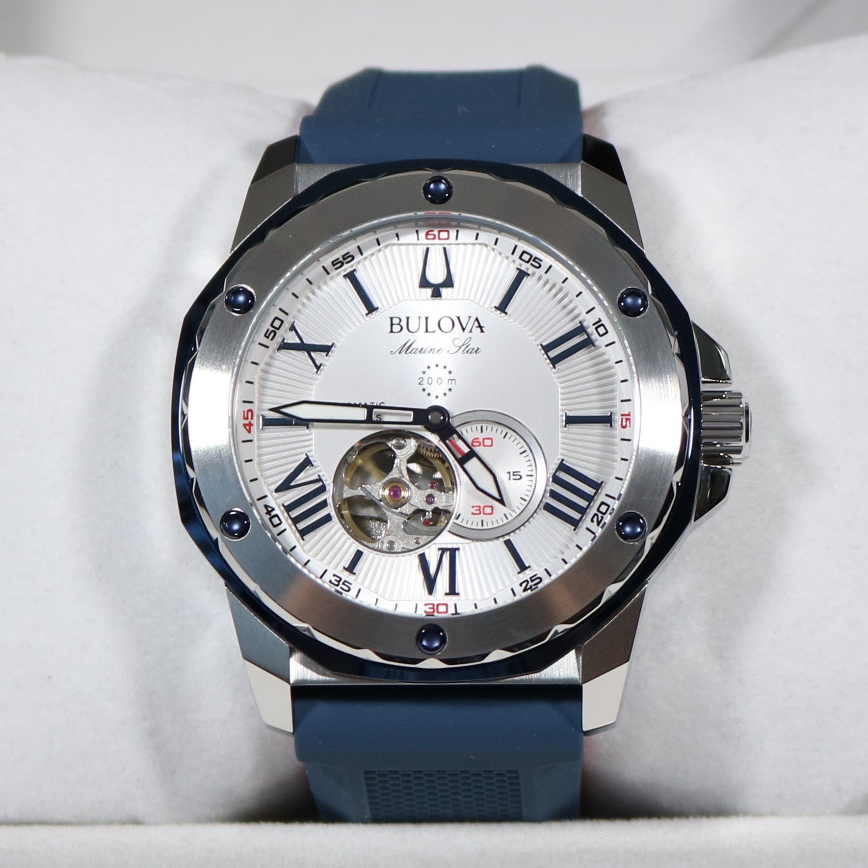 Bulova Marine Star Silver Dial Blue Rubber Strap Men's Watch 98A225