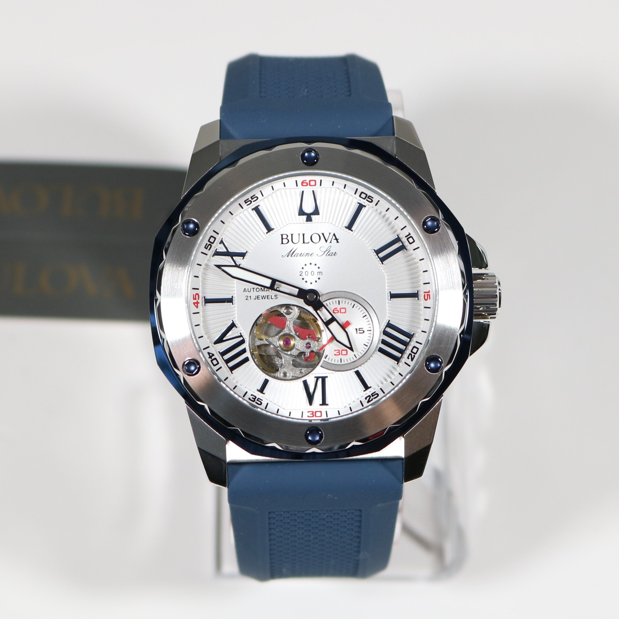 Bulova Marine Star Silver Dial Blue Rubber Strap Men's Watch 98A225