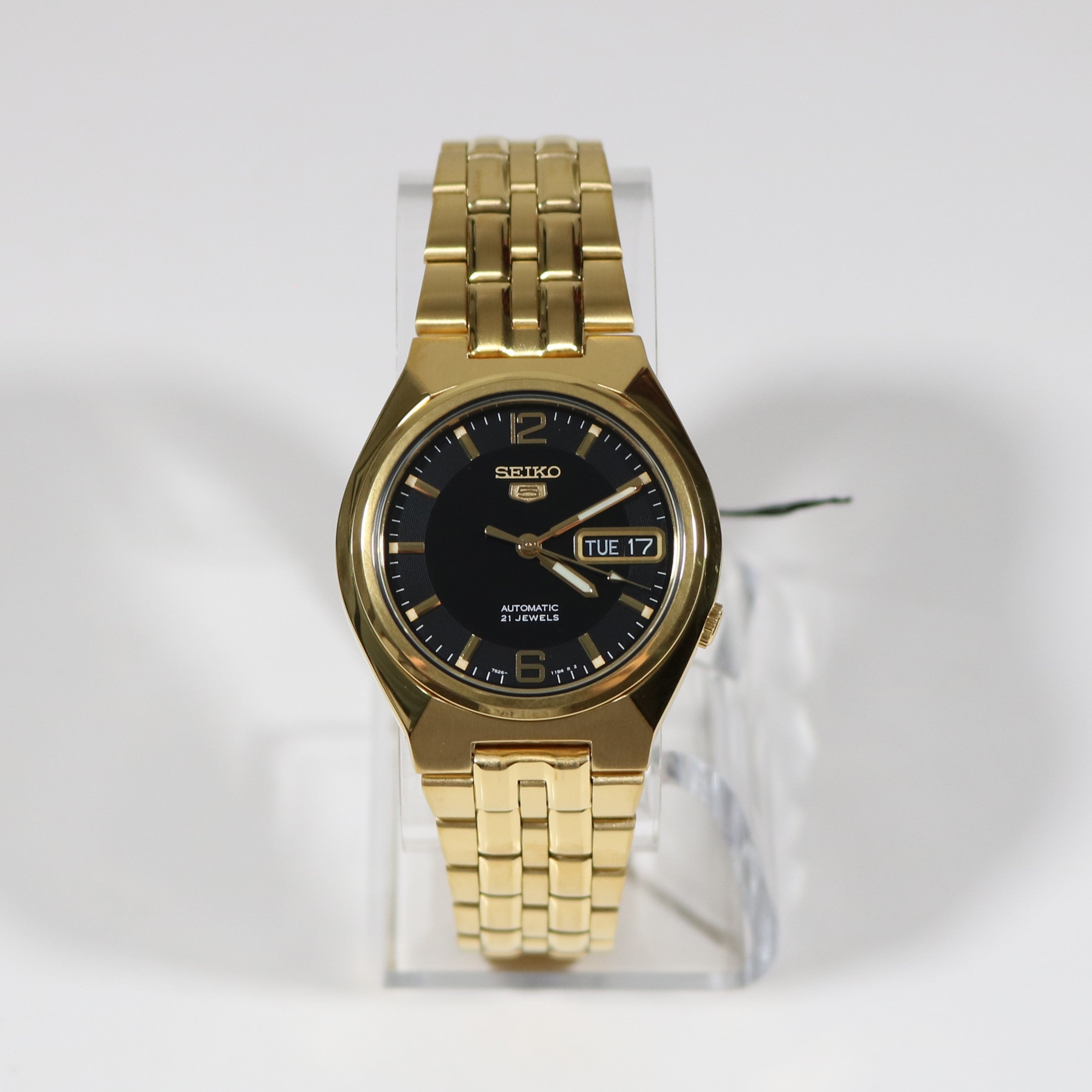 Seiko 5 Gold Tone Stainless Steel Men's Sports Automatic Black Dial Watch SNKL66K1