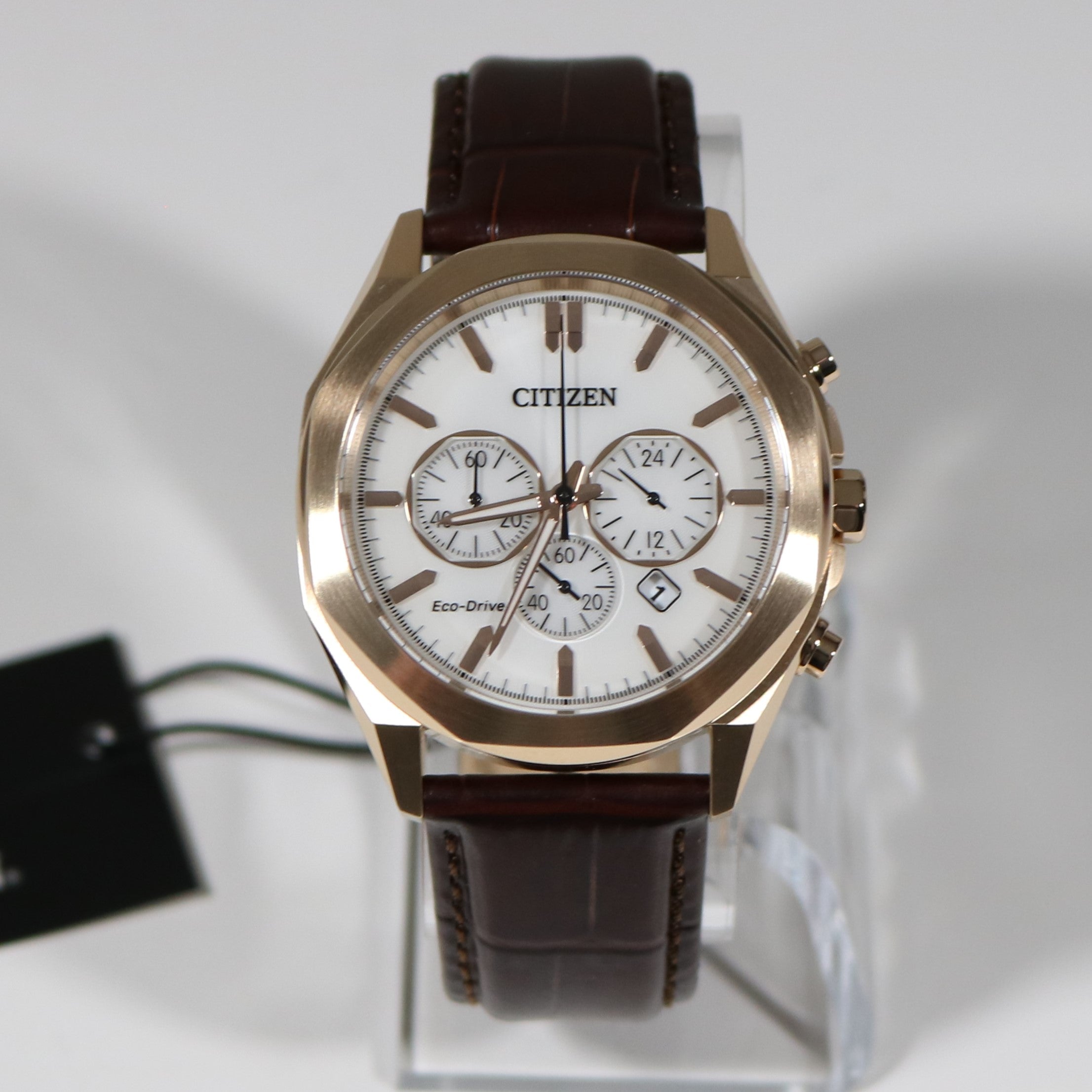 Citizen Rose Gold Tone White Dial Leather Strap Men's Chronograph Watch CA4593-15A