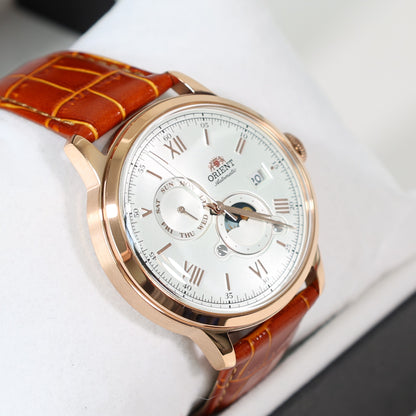 Orient Sun and Moon White Dial Men's Automatic Rose Gold Tone Watch RA-AK0801S30B