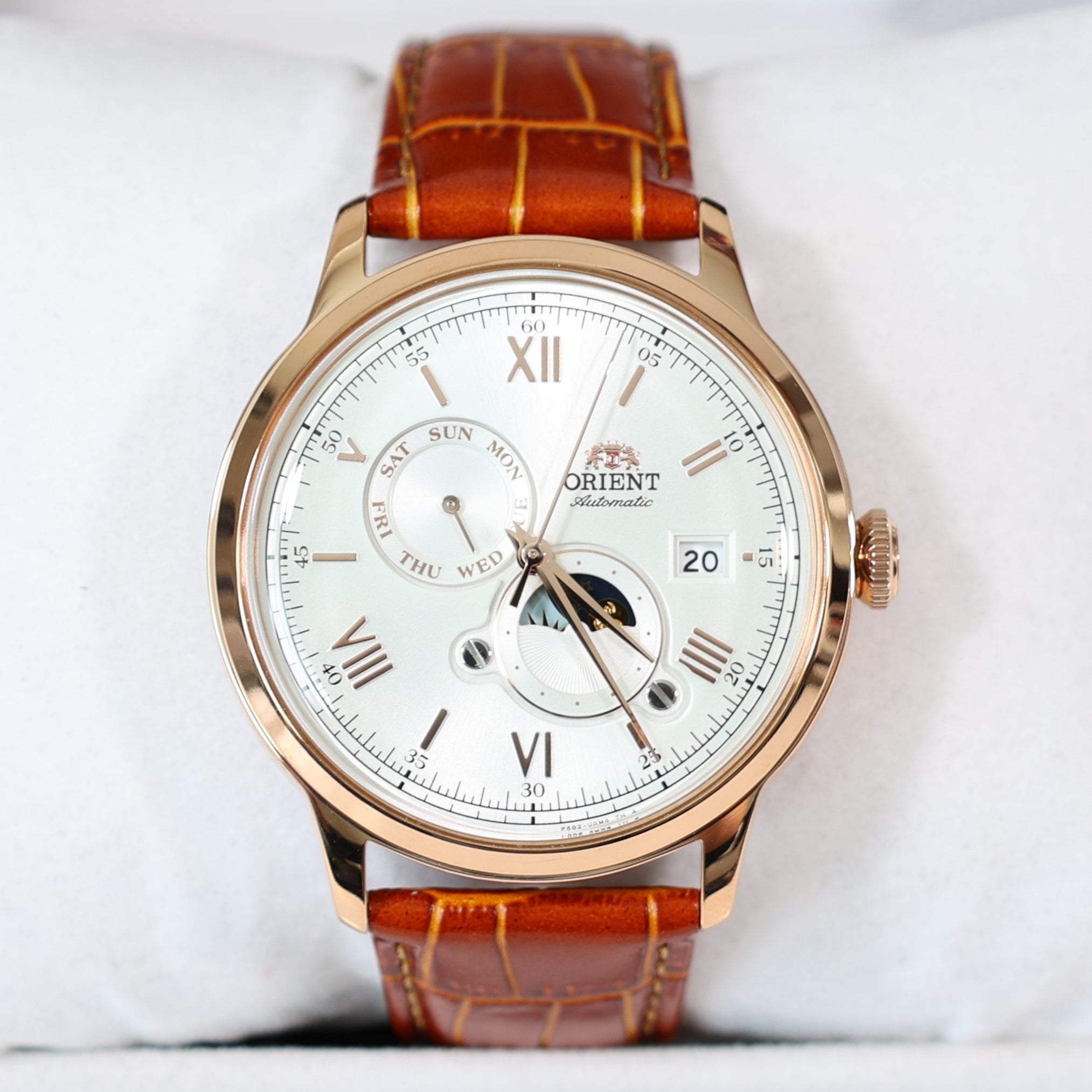 Orient Sun and Moon White Dial Men's Automatic Rose Gold Tone Watch RA-AK0801S30B