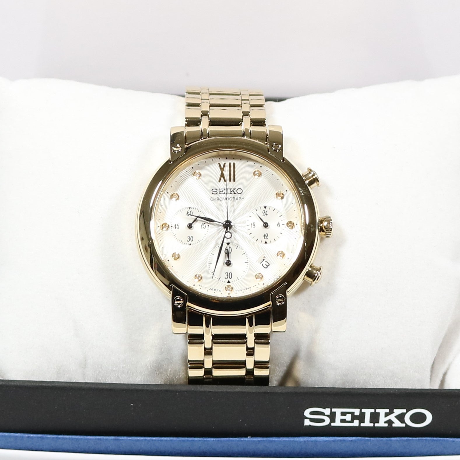 Seiko Women's Gold Tone White Textured Dial Chronograph Watch SRW836P1