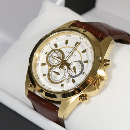 Citizen Quartz Gold Tone Chronograph Brown Leather Strap Men's Watch AN8043-05A - Chronobuy