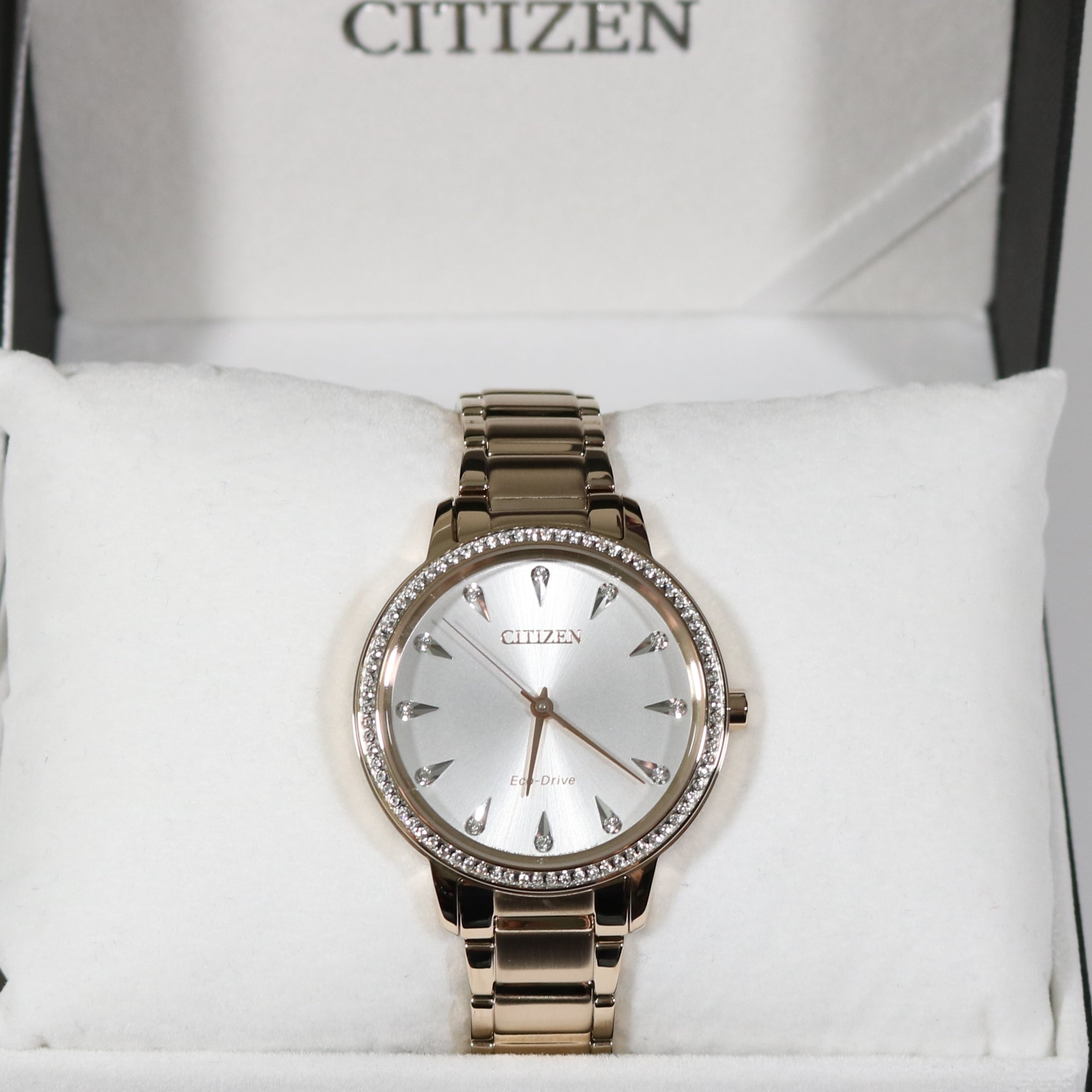 Citizen Eco-Drive Women's Rose Gold Tone Silhouette Crystal Watch FE7043-55A