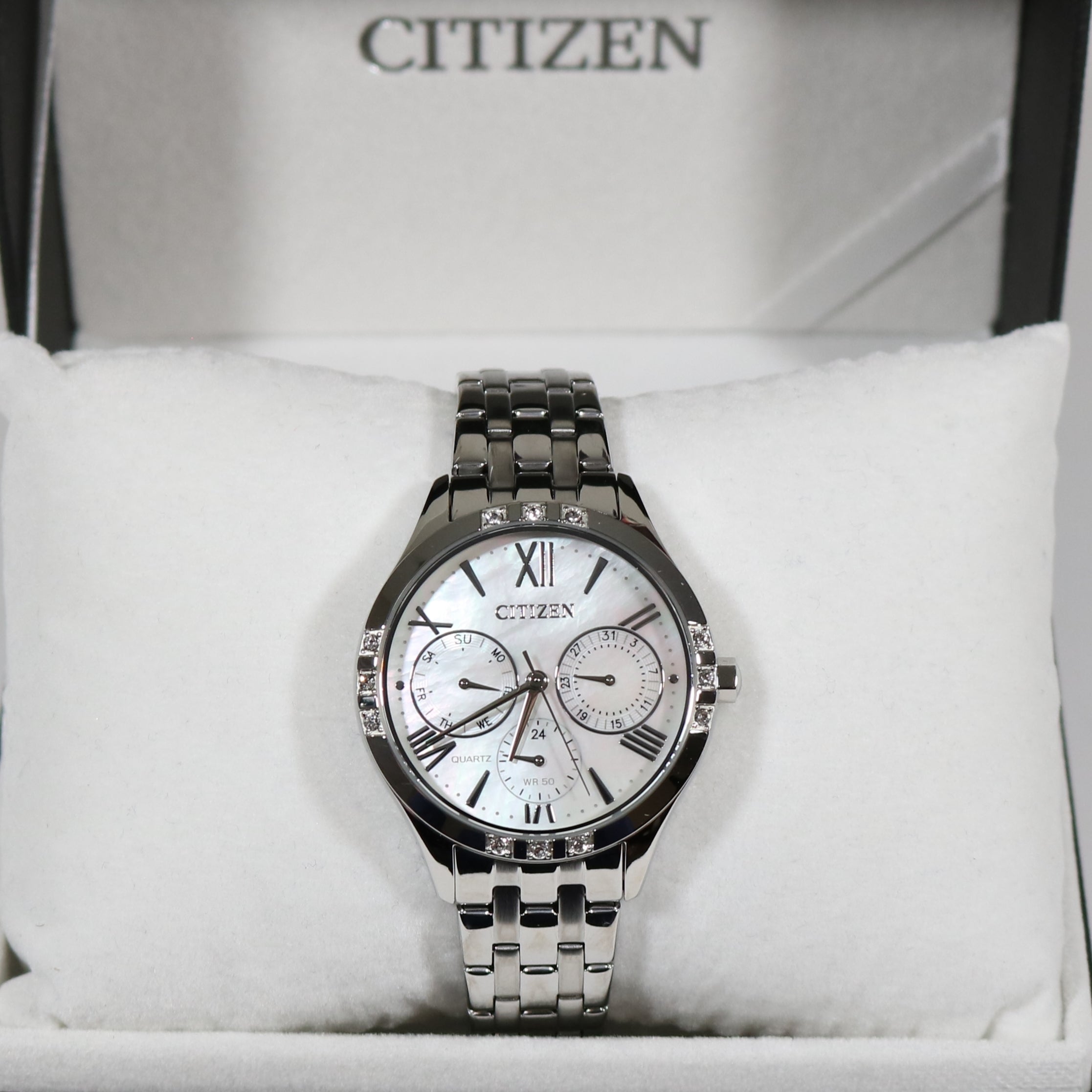 Citizen Quartz Women's Multifunction Pearl Dial Stainless Steel Watch ED8170-56D