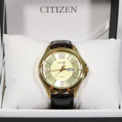 Citizen Men's Quartz Gold Tone Brown Leather Strap Watch BF2009-09P - Chronobuy