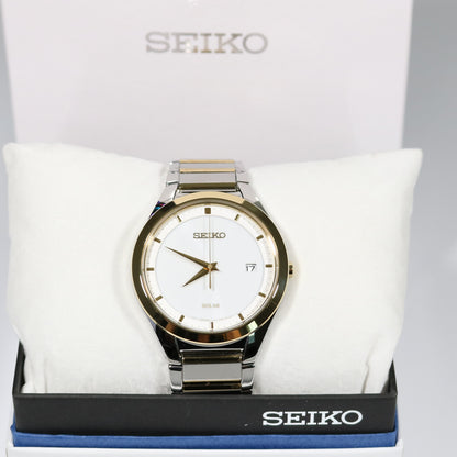 Seiko Solar Two Tone White Dial Men's Dress Watch SNE246P1 - Chronobuy