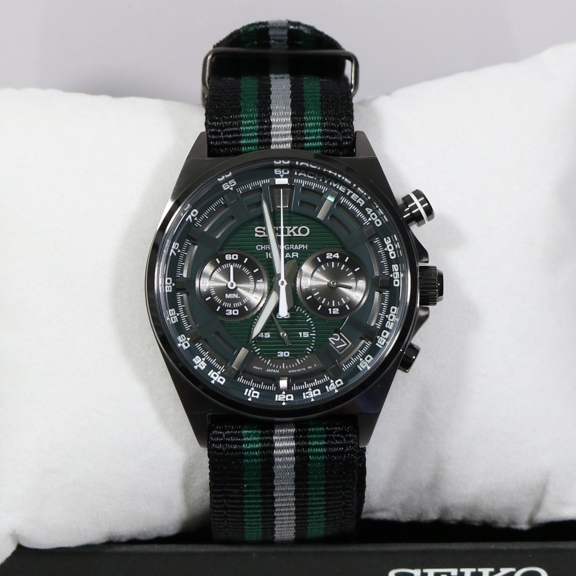 Seiko Quartz Men's Green Dial Chronograph Nylon Strap Watch SSB411P1