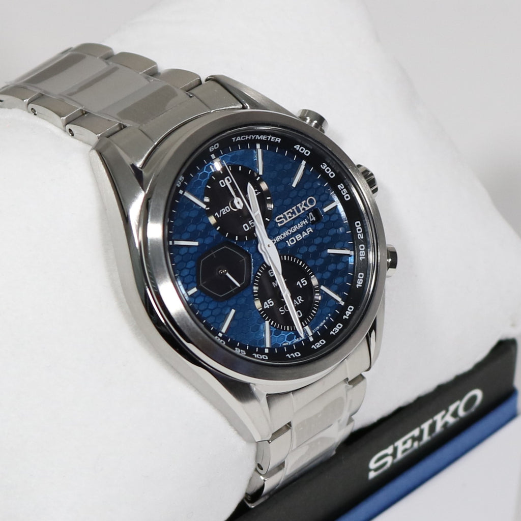 Seiko Prospex Solar Chronograph Steel Men\'s Chronobuy Watch Stainless Dial Blue –