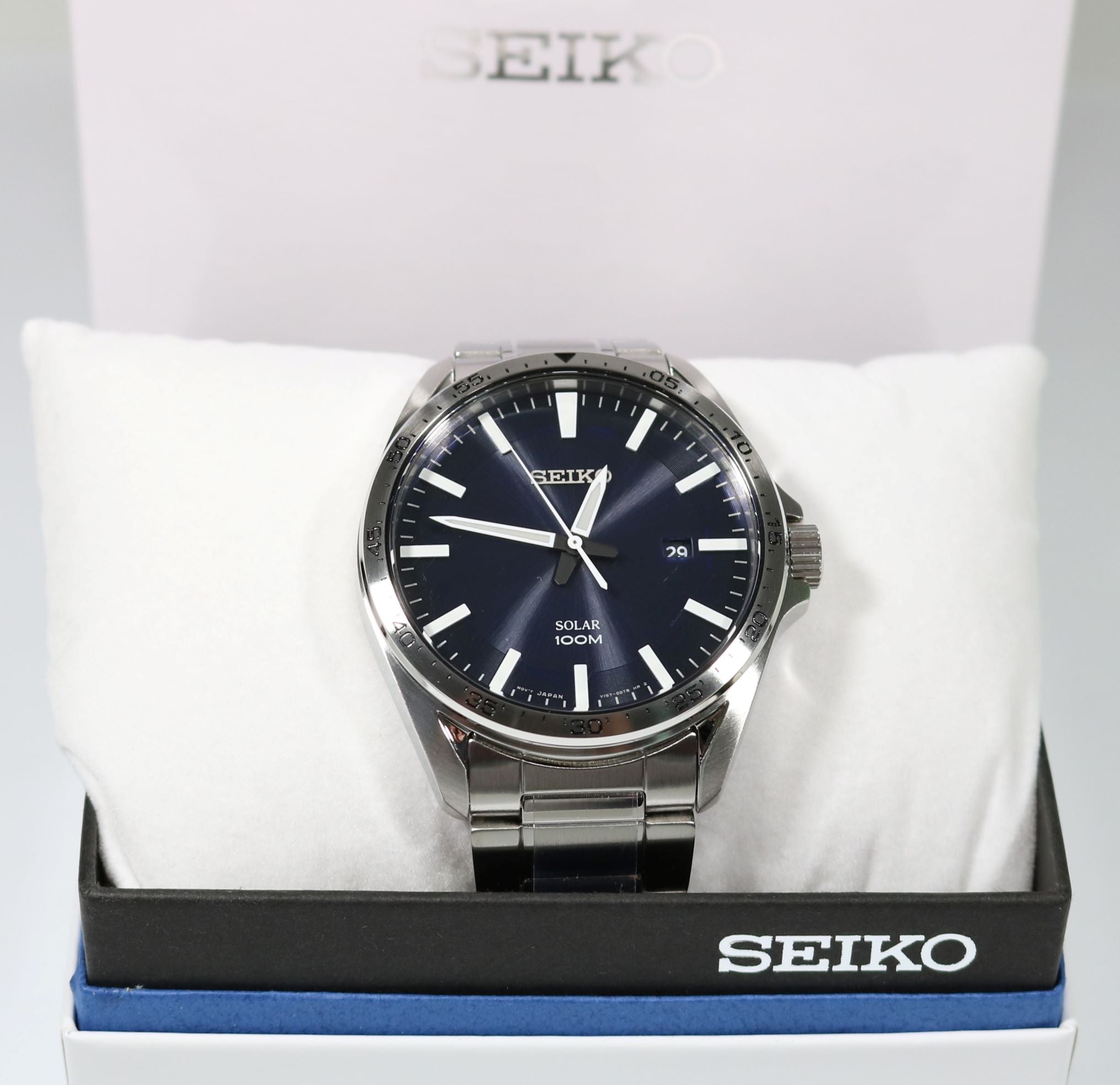 Seiko Solar Stainless Steel Blue Dial Men's Watch SNE483P1 - Chronobuy