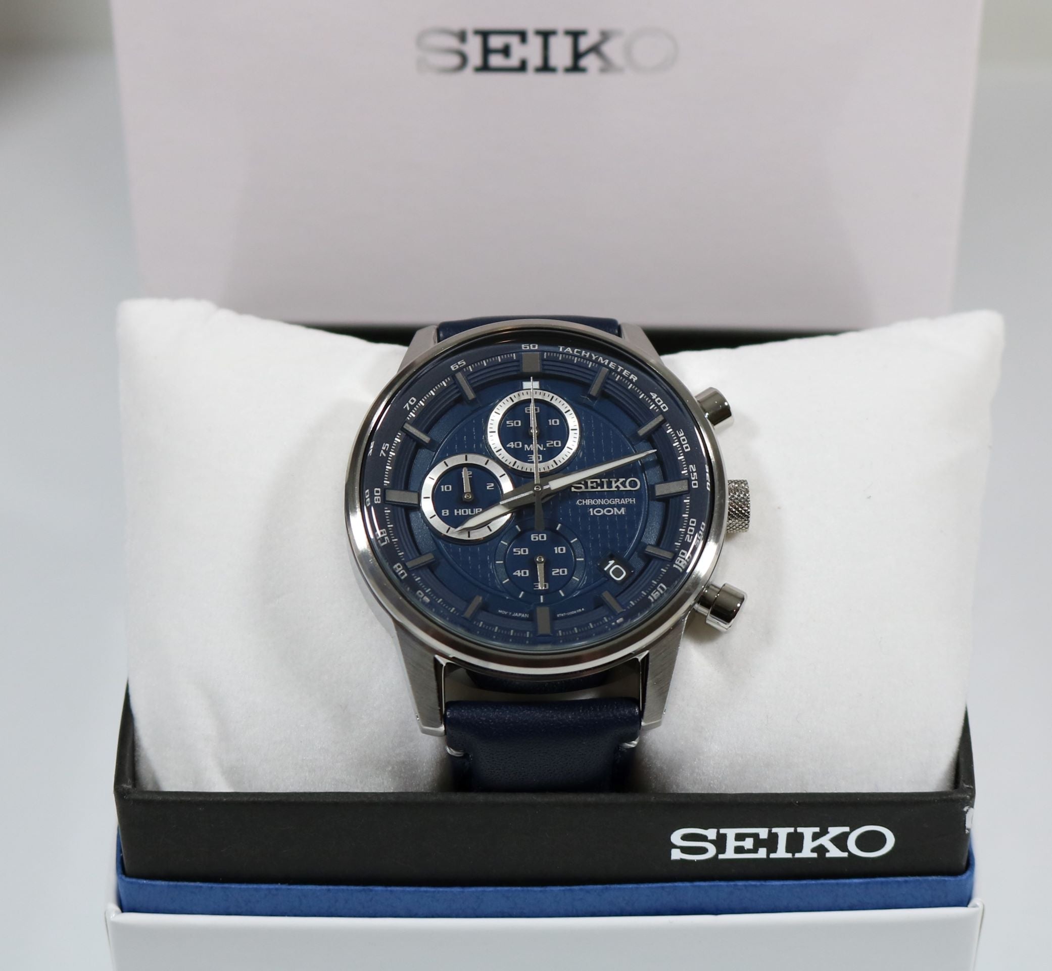 Seiko Chronograph Navy Blue Date Leather Strap Men's Watch SSB333P1 - Chronobuy