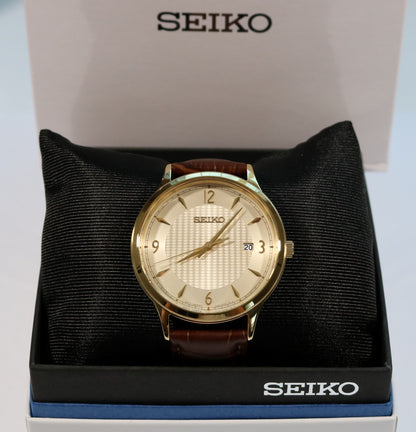 Seiko Quartz Gold Tone Stainless Steel Champagne Texture Dial Men's Watch SGEH86P1 - Chronobuy