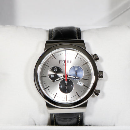 FERRE Milano Men's Silver Dial Black Leather Strap Watch FM1G106L0011