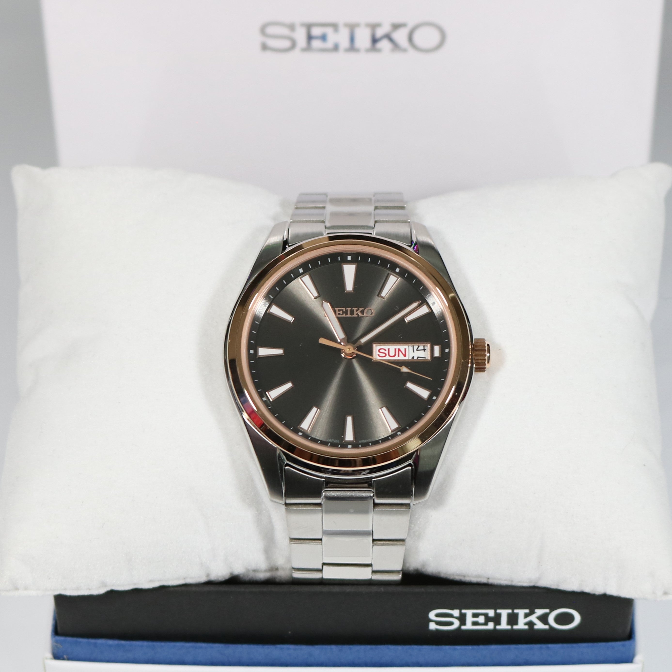 Seiko Quartz Grey Dial Rose Gold Tone Bezel Men's Watch SUR344P1