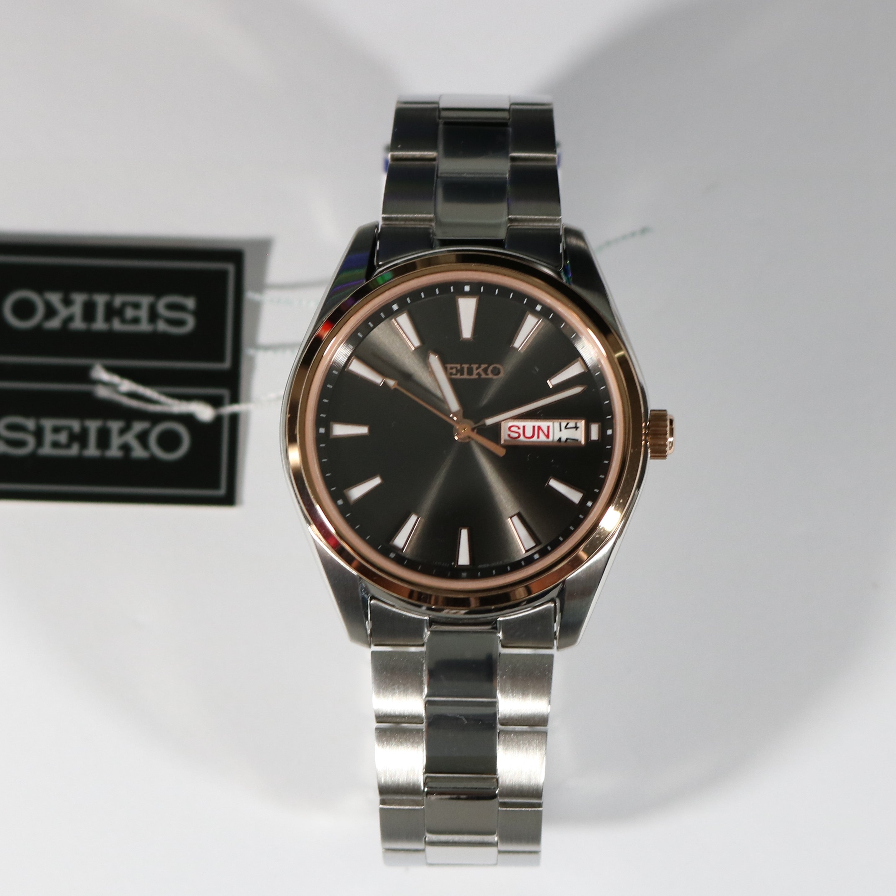 Seiko Quartz Grey Dial Rose Gold Tone Bezel Men's Watch SUR344P1