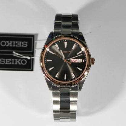 Seiko Quartz Grey Dial Rose Gold Tone Bezel Men's Watch SUR344P1