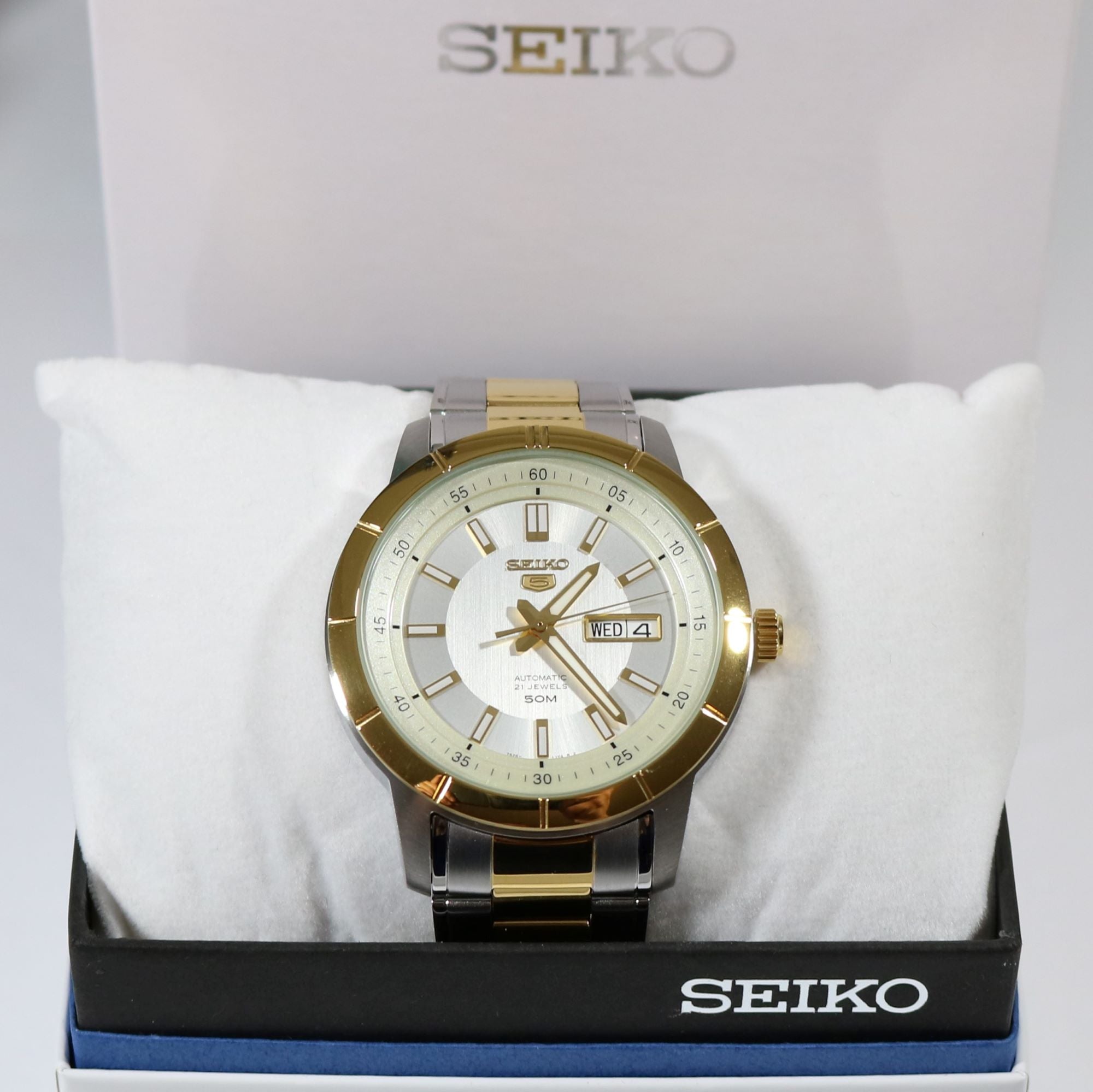 Seiko 5 Day Date Two Tone Automatic White Dial Men's Watch SNKN58K1 - Chronobuy