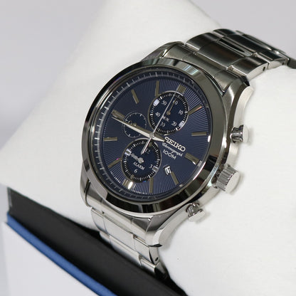 Seiko Quartz Stainless Steel Blue Dial Chronograph Men's Watch SNAF65P1