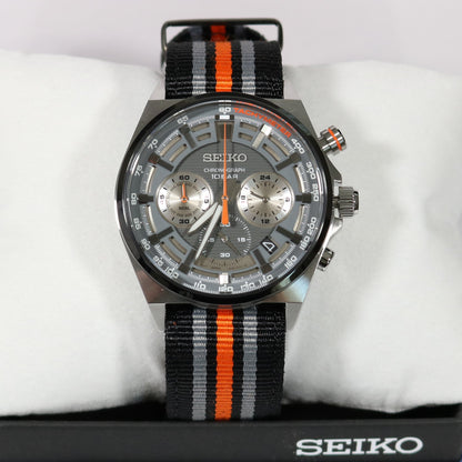 Seiko Quartz Men's Grey Dial Chronograph Nylon Strap Sports Watch SSB403P1