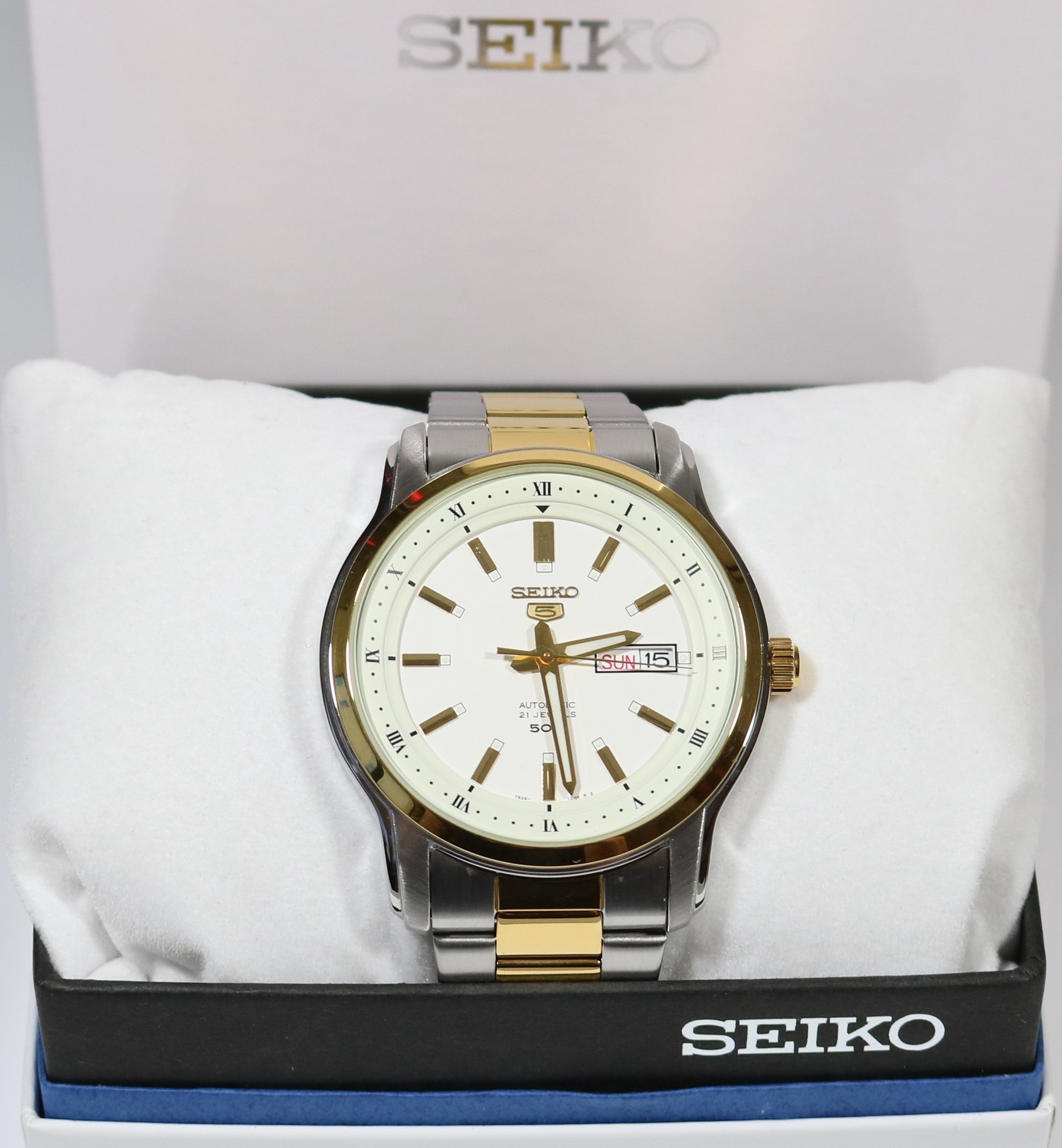 Seiko 5 Day Date Two Tone Automatic White Dial Men's Watch SNKN14K1 - Chronobuy