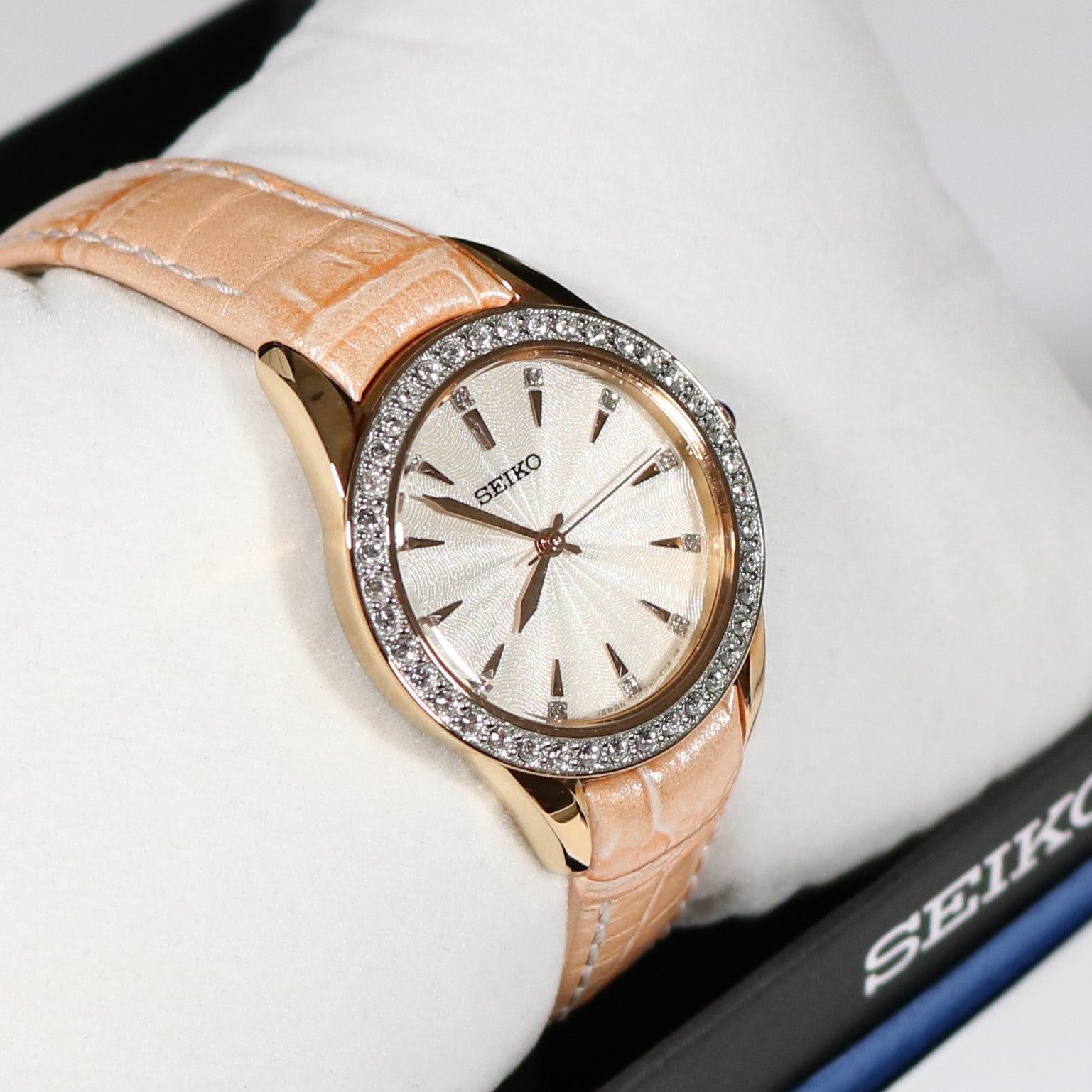 Seiko Women's Quartz Rose Gold Tone Crystal Bezel Watch SRZ388P1