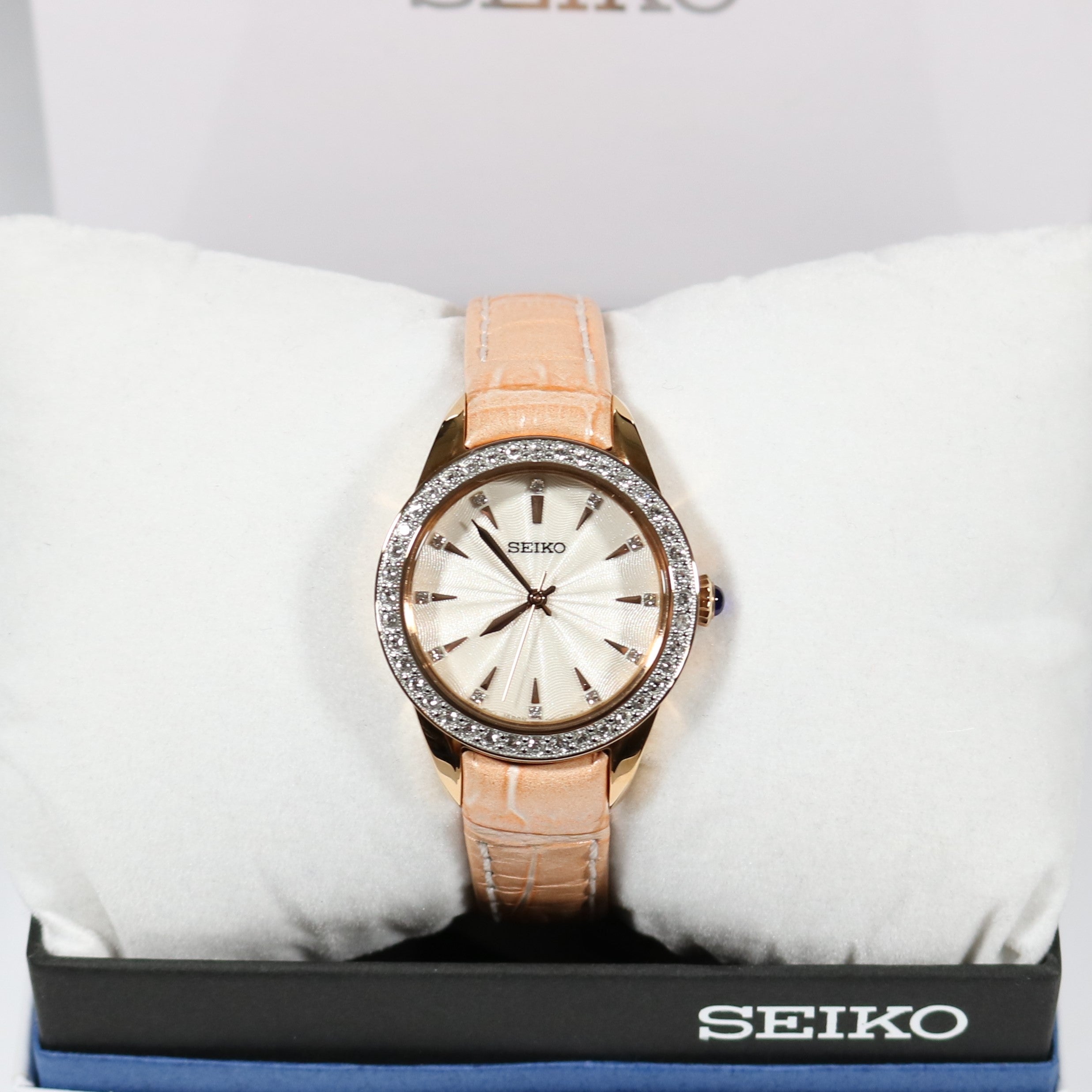 Seiko Women's Quartz Rose Gold Tone Crystal Bezel Watch SRZ388P1