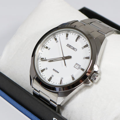 Seiko Men's Classic Stainless Steel White Dial Quartz Watch SUR205P1 - Chronobuy