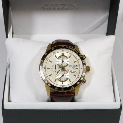 Citizen Men's Gold Tone Chronograph Brown leather Strap Watch AN3602-02A - Chronobuy