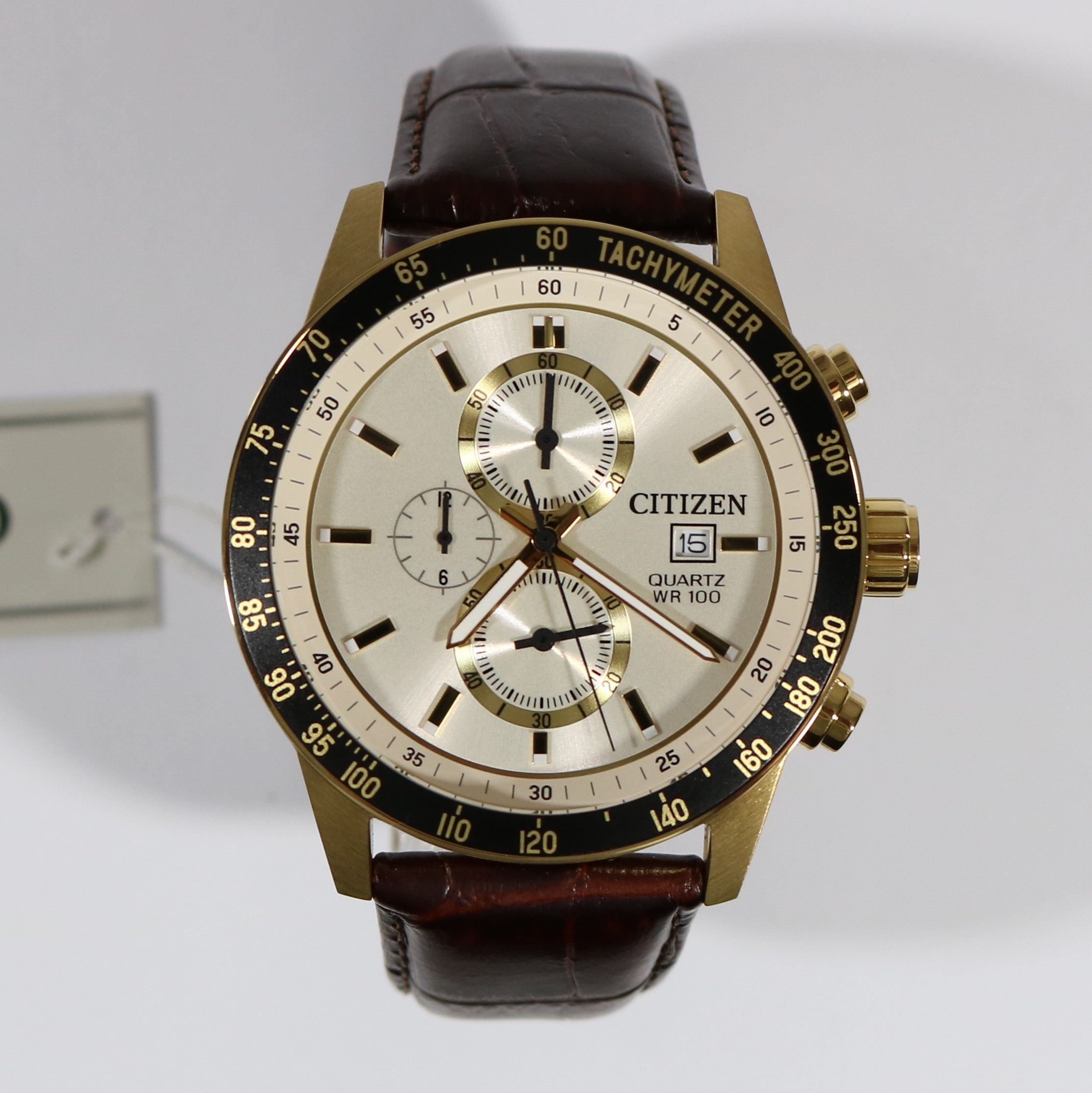 Citizen Men's Gold Tone Chronograph Brown leather Strap Watch AN3602-02A - Chronobuy